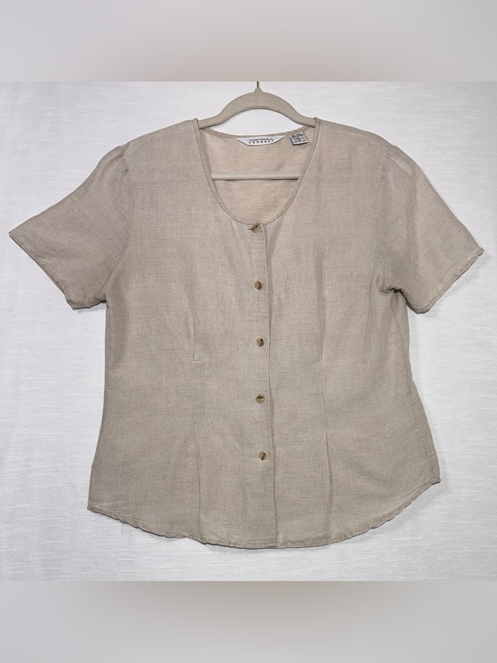 Express Beige Short-Sleeve Button Front Linen Blend Top